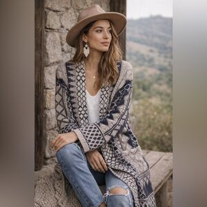 MAXSPORT Long Cardigan Open Front Duster Sweater Boho Tribal M EUC